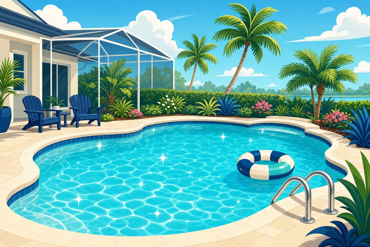 Illustration of the same pool restored to sparkling clear water