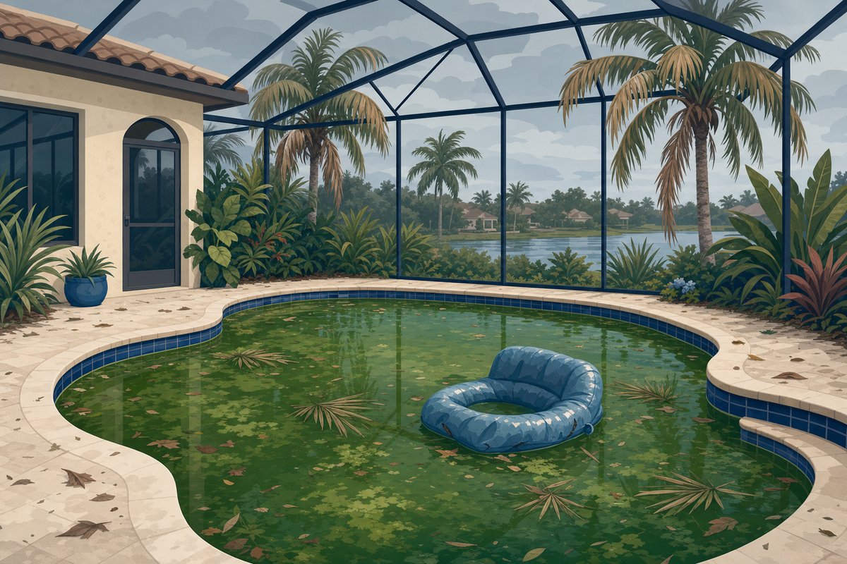 Illustration of a neglected pool with murky green water